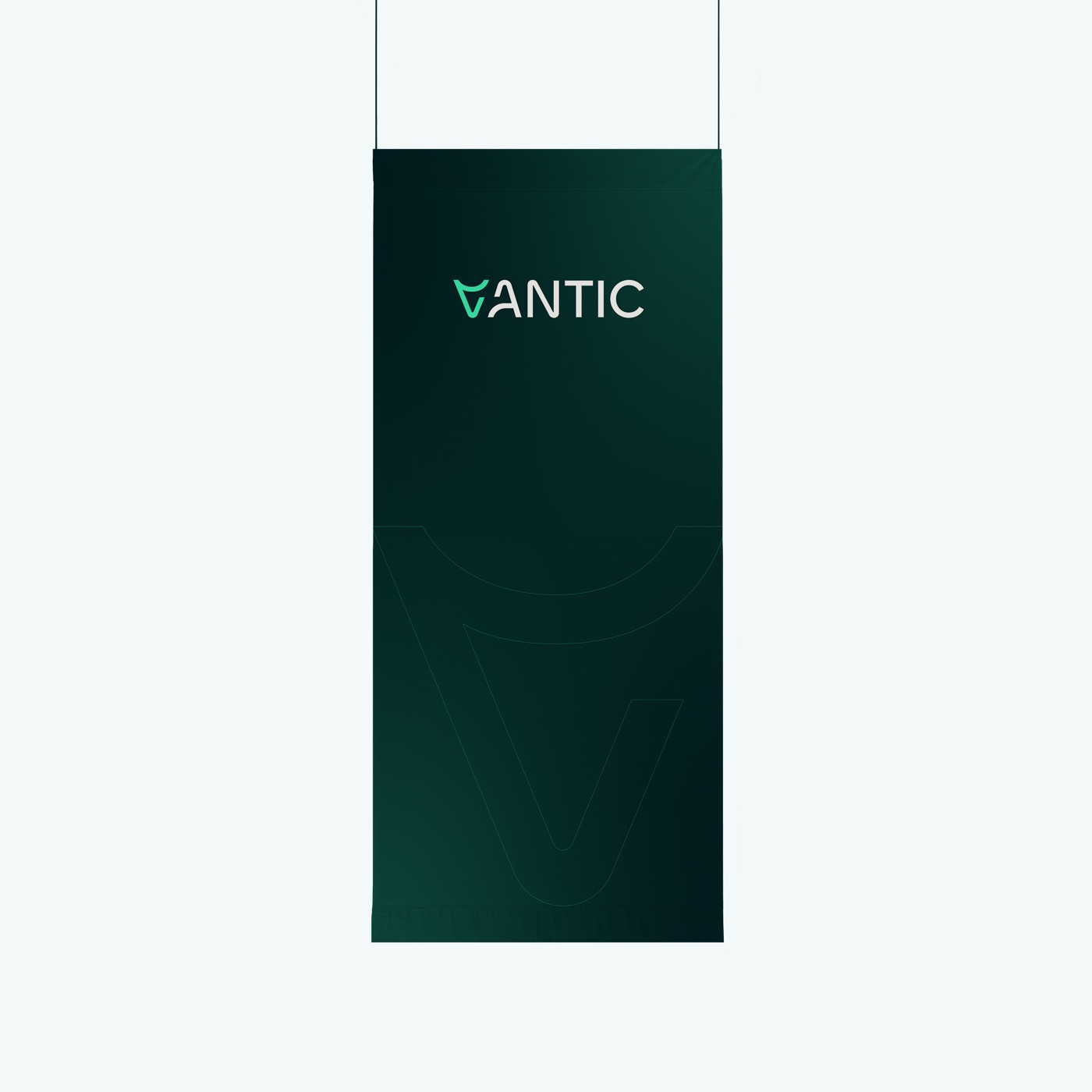 A deep-teal Vantic banner hanging from a ceiling track